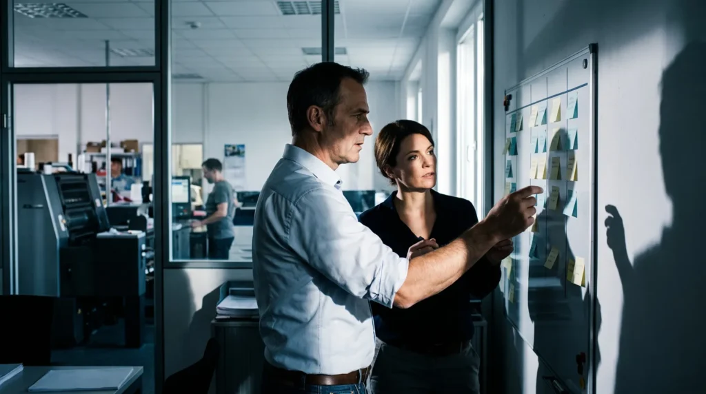 Inhaber einer Druckerei und Beraterin sortieren Aufgaben für die Automatisierung am Whiteboard