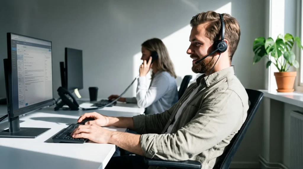 Kundenservice-Mitarbeiter mit Headset prüft einen vorbereiteten Antwortentwurf